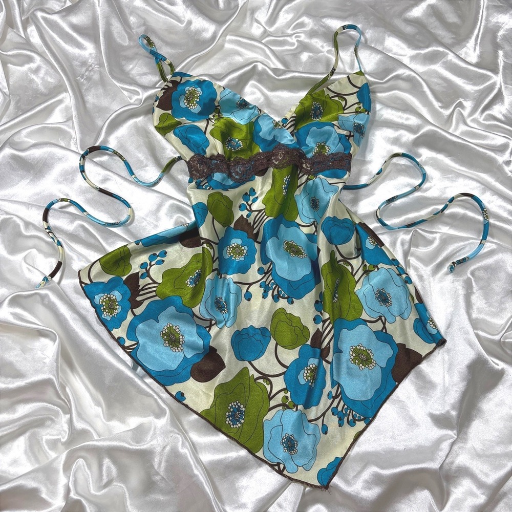 y2k Halo Cami Top Blue Green Excellent Floral Lace Trim Handkerchief Hem Small